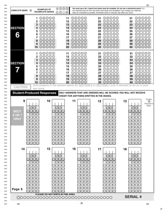[                                                                                                                                                             {
[                        EXAMPLES OF
                                                     You must use a No. 2 pencil and marks must be complete. Do not use a mechanical pencil. It is

[   COMPLETE MARK
                      INCOMPLETE MARKS
                                                     very important that you fill in the entire circle darkly and completely. If you change your response,
                                                     erase as completely as possible. Incomplete marks or erasures may affect your score.
[
[                      1   
                           A B C D E            11   
                                                     A B C D E                           21     
                                                                                                A B C D E                            31     
                                                                                                                                            A B C D E

[                      2   
                           A B C D E            12   
                                                     A B C D E                           22     
                                                                                                A B C D E                            32     
                                                                                                                                            A B C D E

[                      3   
                           A B C D E            13   
                                                     A B C D E                           23     
                                                                                                A B C D E                            33     
                                                                                                                                            A B C D E

[   SECTION            4   
                           A B C D E            14   
                                                     A B C D E                           24     
                                                                                                A B C D E                            34     
                                                                                                                                            A B C D E

[                      5   
                           A B C D E            15   
                                                     A B C D E                           25     
                                                                                                A B C D E                            35     
                                                                                                                                            A B C D E

[                                                                                                                            
[      6               6
                       7
                           A B C D E

                           
                           A B C D E
                                                16
                                                17
                                                     A B C D E

                                                     
                                                     A B C D E
                                                                                         26
                                                                                         27
                                                                                                A B C D E

                                                                                                
                                                                                                A B C D E
                                                                                                                                     36
                                                                                                                                     37
                                                                                                                                            A B C D E

                                                                                                                                            
                                                                                                                                            A B C D E

[                      8   
                           A B C D E            18   
                                                     A B C D E                           28     
                                                                                                A B C D E                            38     
                                                                                                                                            A B C D E

[                      9   
                           A B C D E            19   
                                                     A B C D E                           29     
                                                                                                A B C D E                            39     
                                                                                                                                            A B C D E

[                     10   
                           A B C D E            20   
                                                     A B C D E                           30     
                                                                                                A B C D E                            40     
                                                                                                                                            A B C D E

[
[                      1   
                           A B C D E            11   
                                                     A B C D E                           21     
                                                                                                A B C D E                            31     
                                                                                                                                            A B C D E

[                      2   
                           A B C D E            12   
                                                     A B C D E                           22     
                                                                                                A B C D E                            32     
                                                                                                                                            A B C D E

[                      3   
                           A B C D E            13   
                                                     A B C D E                           23     
                                                                                                A B C D E                            33     
                                                                                                                                            A B C D E

[   SECTION            4   
                           A B C D E            14   
                                                     A B C D E                           24     
                                                                                                A B C D E                            34     
                                                                                                                                            A B C D E

[                      5   
                           A B C D E            15   
                                                     A B C D E                           25     
                                                                                                A B C D E                            35     
                                                                                                                                            A B C D E

[
[      7               6
                       7
                           
                           A B C D E

                           
                           A B C D E
                                                16
                                                17
                                                     
                                                     A B C D E

                                                     
                                                     A B C D E
                                                                                         26
                                                                                         27
                                                                                                
                                                                                                A B C D E

                                                                                                
                                                                                                A B C D E
                                                                                                                                     36
                                                                                                                                     37
                                                                                                                                            
                                                                                                                                            A B C D E

                                                                                                                                            
                                                                                                                                            A B C D E

[                      8   
                           A B C D E            18   
                                                     A B C D E                           28     
                                                                                                A B C D E                            38     
                                                                                                                                            A B C D E

[                      9   
                           A B C D E            19   
                                                     A B C D E                           29     
                                                                                                A B C D E                            39     
                                                                                                                                            A B C D E

[                     10   
                           A B C D E            20   
                                                     A B C D E                           30     
                                                                                                A B C D E                            40     
                                                                                                                                            A B C D E

[                    Grid answers in the section below for SECTION 6 or SECTION 7 only if directed to do so in your
[     CAUTION        test book.
[    Student-Produced Responses           ONLY ANSWERS THAT ARE GRIDDED WILL BE SCORED. YOU WILL NOT RECEIVE
[                                         CREDIT FOR ANYTHING WRITTEN IN THE BOXES.
[                                                                                                                                                             Quality
[             9                 10                   11                                 12                                  13
[                                                                                                                                                            Assurance
                                                                                                                                                               Mark
[                                                                                                                            
[    SECT.        
                  . . . .            
                                     . . . .                
                                                            . . . .                             
                                                                                                . . . .                            
                                                                                                                                   . . . .
[    6 OR 7          
                    0 0 0              
                                       0 0 0                  
                                                              0 0 0                               
                                                                                                  0 0 0                              
                                                                                                                                     0 0 0

[     ONLY         
                  1 1 1 1            
                                     1 1 1 1                
                                                            1 1 1 1                             
                                                                                                1 1 1 1                            
                                                                                                                                   1 1 1 1

[                  
                  2 2 2 2            
                                     2 2 2 2                
                                                            2 2 2 2                             
                                                                                                2 2 2 2                            
                                                                                                                                   2 2 2 2

[                  
                  3 3 3 3            
                                     3 3 3 3                
                                                            3 3 3 3                             
                                                                                                3 3 3 3                            
                                                                                                                                   3 3 3 3

[                  
                  4 4 4 4            
                                     4 4 4 4                
                                                            4 4 4 4                             
                                                                                                4 4 4 4                            
                                                                                                                                   4 4 4 4

[                  
                  5 5 5 5            
                                     5 5 5 5                
                                                            5 5 5 5                             
                                                                                                5 5 5 5                            
                                                                                                                                   5 5 5 5

[                  
                  6 6 6 6            
                                     6 6 6 6                
                                                            6 6 6 6                             
                                                                                                6 6 6 6                            
                                                                                                                                   6 6 6 6

[                  
                  7 7 7 7            
                                     7 7 7 7                
                                                            7 7 7 7                             
                                                                                                7 7 7 7                            
                                                                                                                                   7 7 7 7

[                  
                  8 8 8 8            
                                     8 8 8 8                
                                                            8 8 8 8                             
                                                                                                8 8 8 8                            
                                                                                                                                   8 8 8 8

[                 
                  9 9 9 9            
                                     9 9 9 9                
                                                            9 9 9 9                             
                                                                                                9 9 9 9                            
                                                                                                                                   9 9 9 9

[
[           14                  15                   16                                 17                                  18
[
[                                                                                                                            
[                 
                  . . . .            
                                     . . . .                
                                                            . . . .                             
                                                                                                . . . .                            
                                                                                                                                   . . . .
[                    
                    0 0 0              
                                       0 0 0                  
                                                              0 0 0                               
                                                                                                  0 0 0                              
                                                                                                                                     0 0 0

[                  
                  1 1 1 1            
                                     1 1 1 1                
                                                            1 1 1 1                             
                                                                                                1 1 1 1                            
                                                                                                                                   1 1 1 1

[                  
                  2 2 2 2            
                                     2 2 2 2                
                                                            2 2 2 2                             
                                                                                                2 2 2 2                            
                                                                                                                                   2 2 2 2

[                  
                  3 3 3 3            
                                     3 3 3 3                
                                                            3 3 3 3                             
                                                                                                3 3 3 3                            
                                                                                                                                   3 3 3 3

[                  
                  4 4 4 4            
                                     4 4 4 4                
                                                            4 4 4 4                             
                                                                                                4 4 4 4                            
                                                                                                                                   4 4 4 4

[                  
                  5 5 5 5            
                                     5 5 5 5                
                                                            5 5 5 5                             
                                                                                                5 5 5 5                            
                                                                                                                                   5 5 5 5

[                  
                  6 6 6 6            
                                     6 6 6 6                
                                                            6 6 6 6                             
                                                                                                6 6 6 6                            
                                                                                                                                   6 6 6 6

[                  
                  7 7 7 7            
                                     7 7 7 7                
                                                            7 7 7 7                             
                                                                                                7 7 7 7                            
                                                                                                                                   7 7 7 7

[   Page 6         
                  8 8 8 8            
                                     8 8 8 8                
                                                            8 8 8 8                             
                                                                                                8 8 8 8                            
                                                                                                                                   8 8 8 8

[                 
                  9 9 9 9            
                                     9 9 9 9                
                                                            9 9 9 9                             
                                                                                                9 9 9 9                            
                                                                                                                                   9 9 9 9

[                      PLEASE DO NOT WRITE IN THIS AREA
[                                                                                               SERIAL #
[
[                                                              -7-                                                                                            {
                                                                                                                                                                         C
                                                                                                                                                                         C
 