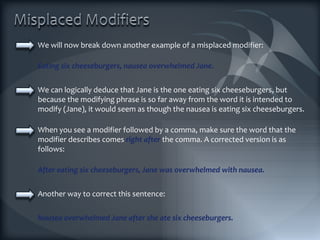 We will now break down another example of a misplaced modifier: Eating six cheeseburgers, nausea overwhelmed Jane. We can logically deduce that Jane is the one eating six cheeseburgers, but because the modifying phrase is so far away from the word it is intended to modify (Jane), it would seem as though the nausea is eating six cheeseburgers. When you see a modifier followed by a comma, make sure the word that the modifier describes comes  right after  the comma. A corrected version is as follows: After eating six cheeseburgers, Jane was overwhelmed with nausea.  Another way to correct this sentence: Nausea overwhelmed Jane after she ate six cheeseburgers.  