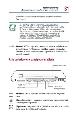Descripción general
               Asegúrese de que no falta ningún componente               31
        conectarse y desconectarse mientras la computadora está
        funcionando.

            DEFINICIÓN: USB es una norma para expansión de
            periféricos que brinda velocidades de transferencia de datos
            de hasta 12 Mbps para periféricos tales como teclados,
            dispositivos apuntadores y monitores. Los periféricos USB
            tienen un estándar único para cables y conectores. El
            estándar USB también permite cambiar los periféricos
            mientras el sistema está en funcionamiento.


                          ™
        Puerto PS/2 —Le permite conectar un mouse o teclado externo
        compatible con PS/2 opcional. Si utiliza un cable opcional en
        forma de Y, podrá conectar ambos dispositivos al mismo puerto
        simultáneamente.

Parte posterior con el panel posterior abierto

                                                                Puerto serial




          Puerto RGB
                                                         Puerto de red
        Puerto paralelo
                                                         Puerto de módem

        Puerto RGB —Le permite conectar un monitor o proyector
        externo.
        El puerto paralelo—Le permite conectar una impresora paralela
        u otro dispositivo paralelo.

Ether   El puerto de red (conector RJ45) brinda acceso a la LAN a través
        de un cable de red Ethernet® estándar.
 
