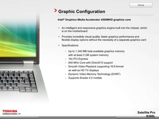 Home


Graphic Configuration
Intel® Graphics Media Accelerator 4500MHD graphics core


• An intelligent and responsive graphics engine built into the chipset, which
  is on the motherboard

• Provides incredible visual quality, faster graphics performance and
  flexible display options without the necessity of a separate graphics card

• Specifications:

     - Up to 1,340 MB total available graphics memory
         with at least 3 GB system memory
     -   16x PCI Express
     -   640 MHz Core with DirectX10 support
     -   Smooth Video Playback supporting 16:9 format
         as well as HD TV displays
     -   Dynamic Video Memory Technology (DVMT)
     -   Supports Shader 4.0 models




                                                                    Satellite Pro
                                                                          S300L
 