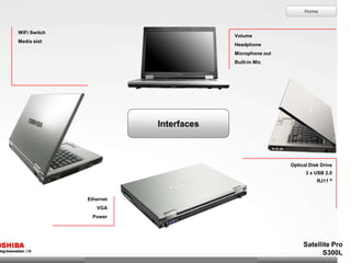 Home



WiFi Switch
                                      Volume
Media slot
                                      Headphone
                                      Microphone out
                                      Built-in Mic




                         Interfaces



                                                       Optical Disk Drive
                                                             3 x USB 2.0
                                                                  RJ11 ®


              Ethernet
                 VGA
                Power




                                                            Satellite Pro
                                                                  S300L
 