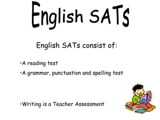 English SATs consist of:
•A reading test
•A grammar, punctuation and spelling test
•Writing is a Teacher Assessment
 