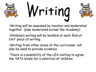 •Writing will be assessed by teacher and moderated
together (also moderated across the Academy)
•Children’s writing will be levelled at each ‘End of
Unit’ piece of writing.
•Writing from other areas of the curriculum will
also be used to provide evidence.
•There is a possibility of the LEA visiting to agree
the SATs levels for a selection of children
 