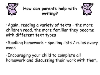 •Again, reading a variety of texts – the more
children read, the more familiar they become
with different text types
•Spelling homework – spelling lists / rules every
week
•Encouraging your child to complete all
homework and discussing their work with them.
How can parents help with
writing?
 