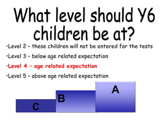 •Level 2 – these children will not be entered for the tests
•Level 3 – below age related expectation
•Level 4 – age related expectation
•Level 5 – above age related expectation
C
BB
A
 