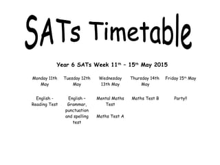 Year 6 SATs Week 11th
– 15th
May 2015
Monday 11th
May
Tuesday 12th
May
Wednesday
13th May
Thursday 14th
May
Friday 15th
May
English -
Reading Test
English –
Grammar,
punctuation
and spelling
test
Mental Maths
Test
Maths Test A
Maths Test B Party!!
 