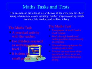 Maths Tasks and Tests
  The questions in the task and test will cover all the work they have been
  doing in Numeracy lessons including: number, shape measuring, simple
              fractions, data handling and problem solving.


  The Maths Task                       The Maths Test
                                        Two papers. A level 2 and a
   A practical activity                 level 3 paper.
    with the teacher.                   Work through booklets of
                                         maths questions independently
   For children assessed                at own pace .
    as working within                   Allowed some equipment for
    level 1                              counting and a ruler.
                                        Teacher can read most of the
.  It is done in                        questions to them as we are
                                         assessing their mathematical
    small groups.                        ability.
 