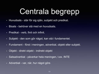 Centrala begrepp
• Huvudsats - står för sig själv, subjekt och predikat.
• Bisats - behöver stå med en huvudsats.
• Predikat - verb, finit och infinit.
• Subjekt - den som gör något, kan stå i fundamentet.
• Fundament - först i meningen, adverbial, objekt eller subjekt.
• Objekt - direkt objekt - indirekt objekt
• Satsadverbial - påverkar hela meningen, t.ex. INTE
• Adverbial - var, när, hur något görs
11
 