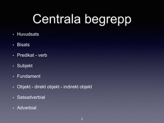 Centrala begrepp
• Huvudsats
• Bisats
• Predikat - verb
• Subjekt
• Fundament
• Objekt - direkt objekt - indirekt objekt
• Satsadverbial
• Adverbial
3
 