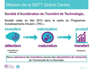 p.228/03/2017
Société d’Accélération du Transfert de Technologie,
Société créée en Mai 2013 dans le cadre du Programme
Investissements d’Avenir « PIA ».
Mission de la SATT Grand Centre
Nous valorisons les inventions issues des laboratoires de recherche
de l’Université de La Rochelle.
Laboratoire de
recherche
Entreprises
 