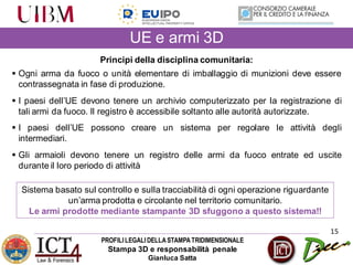 PROFILILEGALIDELLASTAMPATRIDIMENSIONALE
Stampa 3D e responsabilità penale
Gianluca Satta
15
UE e armi 3D
Principi della disciplina comunitaria:
 Ogni arma da fuoco o unità elementare di imballaggio di munizioni deve essere
contrassegnata in fase di produzione.
 I paesi dell’UE devono tenere un archivio computerizzato per la registrazione di
tali armi da fuoco. Il registro è accessibile soltanto alle autorità autorizzate.
 I paesi dell’UE possono creare un sistema per regolare le attività degli
intermediari.
 Gli armaioli devono tenere un registro delle armi da fuoco entrate ed uscite
durante il loro periodo di attività
Sistema basato sul controllo e sulla tracciabilità di ogni operazione riguardante
un’arma prodotta e circolante nel territorio comunitario.
Le armi prodotte mediante stampante 3D sfuggono a questo sistema!!
 