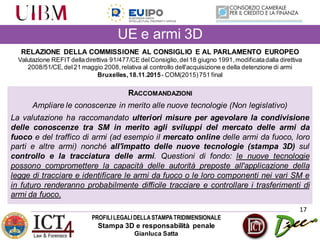 PROFILILEGALIDELLASTAMPATRIDIMENSIONALE
Stampa 3D e responsabilità penale
Gianluca Satta
17
RELAZIONE DELLA COMMISSIONE AL CONSIGLIO E AL PARLAMENTO EUROPEO
Valutazione REFIT delladirettiva 91/477/CE delConsiglio,del18 giugno 1991,modificatadalla direttiva
2008/51/CE,del21 maggio 2008,relativa al controllo dell'acquisizione e della detenzione di armi
Bruxelles,18.11.2015- COM(2015)751 final
RACCOMANDAZIONI
Ampliare le conoscenze in merito alle nuove tecnologie (Non legislativo)
La valutazione ha raccomandato ulteriori misure per agevolare la condivisione
delle conoscenze tra SM in merito agli sviluppi del mercato delle armi da
fuoco e del traffico di armi (ad esempio il mercato online delle armi da fuoco, loro
parti e altre armi) nonché all'impatto delle nuove tecnologie (stampa 3D) sul
controllo e la tracciatura delle armi. Questioni di fondo: le nuove tecnologie
possono compromettere la capacità delle autorità preposte all'applicazione della
legge di tracciare e identificare le armi da fuoco o le loro componenti nei vari SM e
in futuro renderanno probabilmente difficile tracciare e controllare i trasferimenti di
armi da fuoco.
UE e armi 3D
 