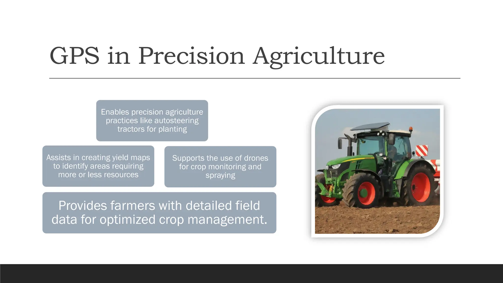 GPS in Precision Agriculture
Provides farmers with detailed field
data for optimized crop management.
Assists in creating yield maps
to identify areas requiring
more or less resources
Supports the use of drones
for crop monitoring and
spraying
Enables precision agriculture
practices like autosteering
tractors for planting
 