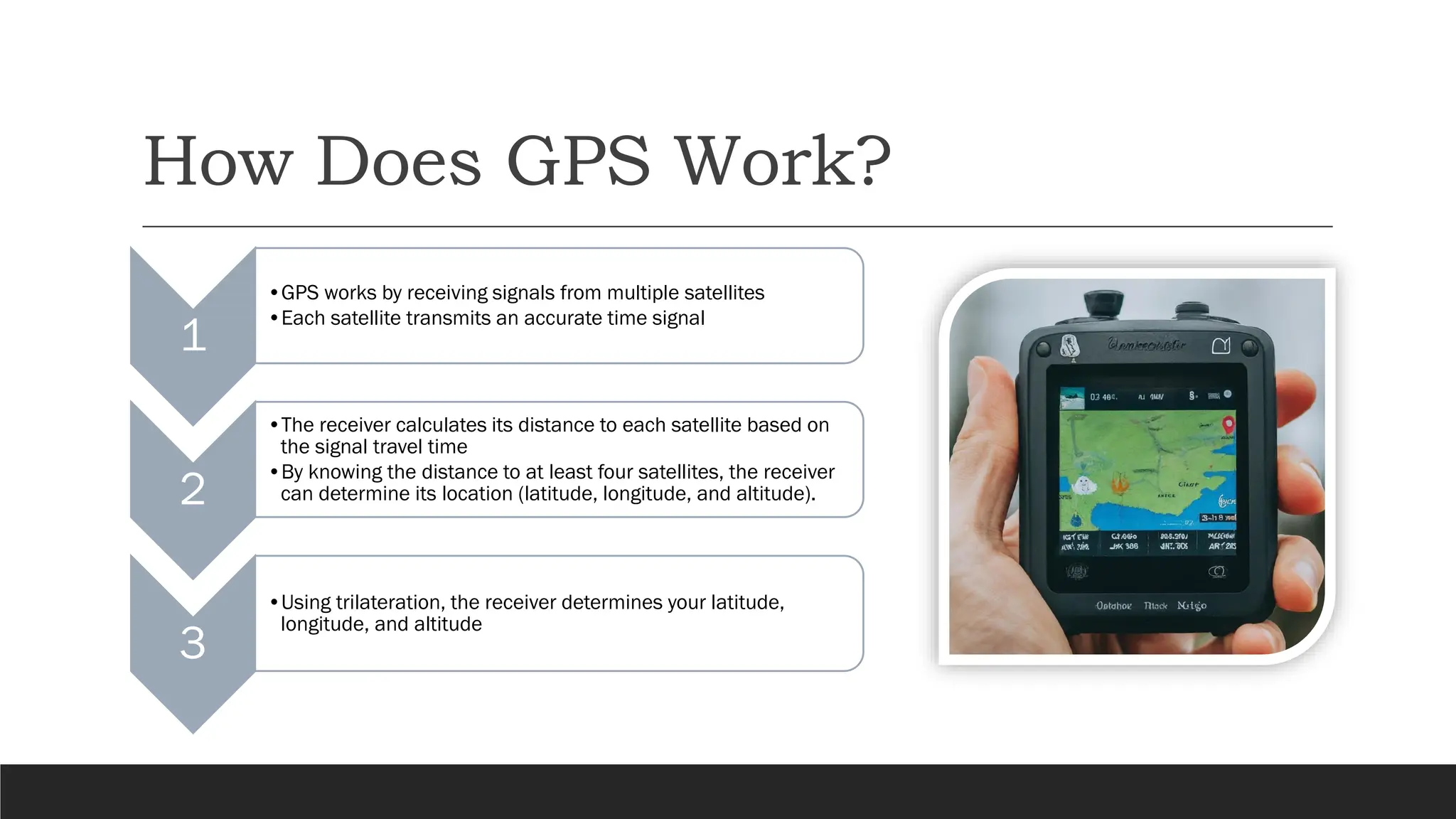 How Does GPS Work?
1
•GPS works by receiving signals from multiple satellites
•Each satellite transmits an accurate time signal
2
•The receiver calculates its distance to each satellite based on
the signal travel time
•By knowing the distance to at least four satellites, the receiver
can determine its location (latitude, longitude, and altitude).
3
•Using trilateration, the receiver determines your latitude,
longitude, and altitude
 