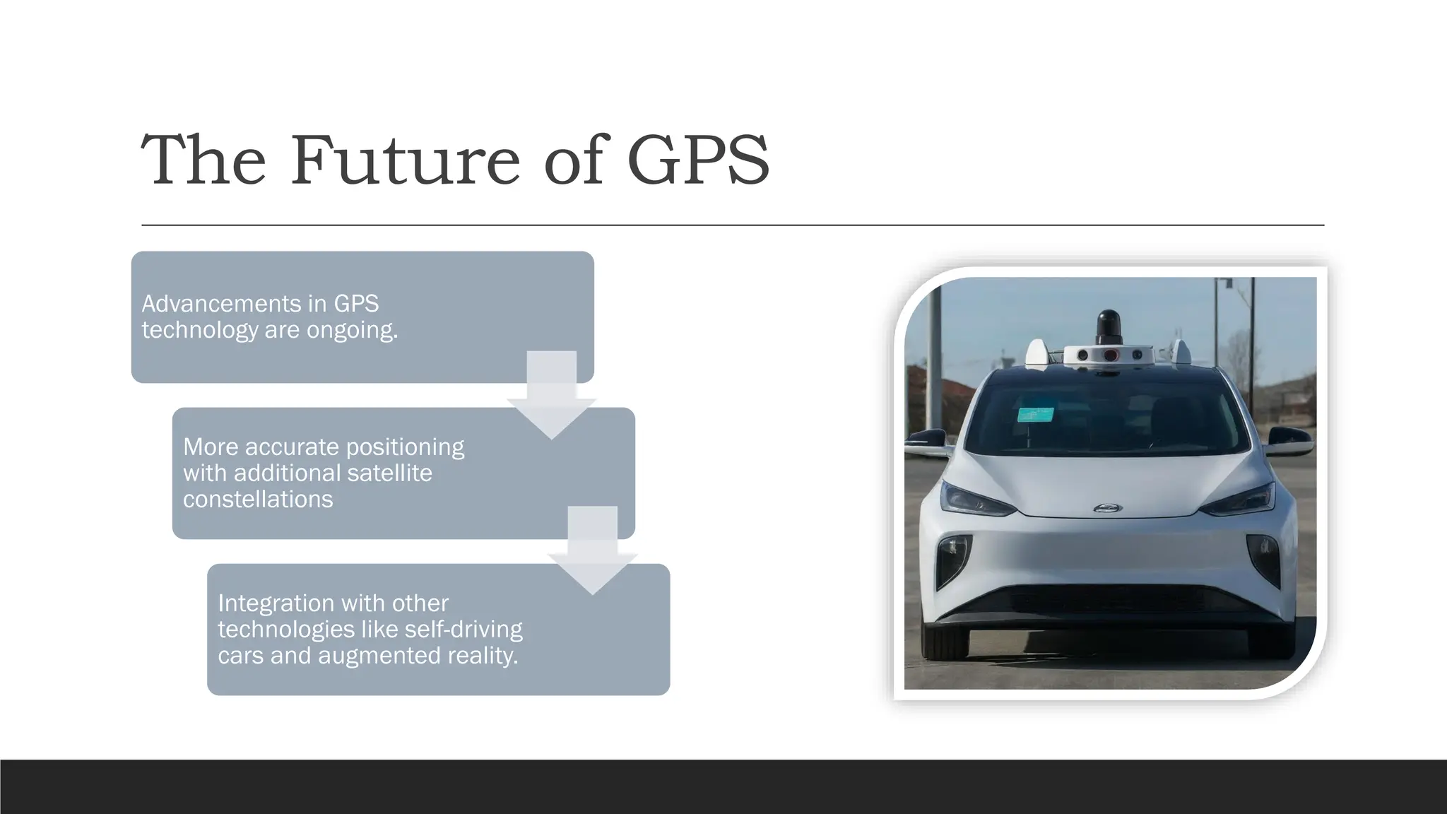 The Future of GPS
Advancements in GPS
technology are ongoing.
More accurate positioning
with additional satellite
constellations
Integration with other
technologies like self-driving
cars and augmented reality.
 