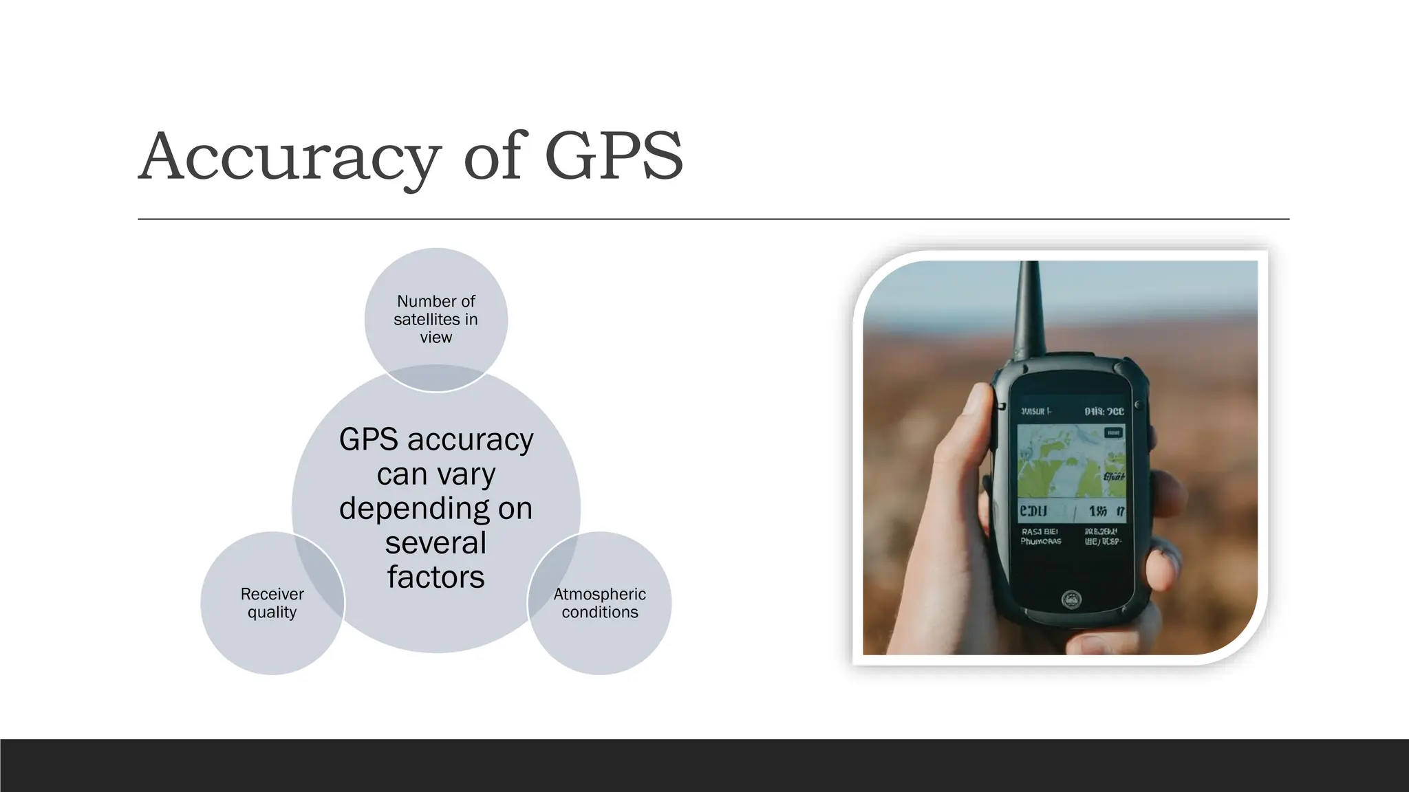 Accuracy of GPS
GPS accuracy
can vary
depending on
several
factors
Number of
satellites in
view
Atmospheric
conditions
Receiver
quality
 