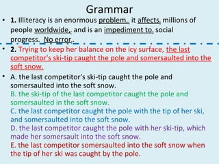 Grammar
• 1. Illiteracy is an enormous problem,A it affectsB millions of
people worldwide,C and is an impediment toD social
progress. No errorE.
• 2. Trying to keep her balance on the icy surface, the last
competitor's ski-tip caught the pole and somersaulted into the
soft snow.
• A. the last competitor's ski-tip caught the pole and
somersaulted into the soft snow.
B. the ski-tip of the last competitor caught the pole and
somersaulted in the soft snow.
C. the last competitor caught the pole with the tip of her ski,
and somersaulted into the soft snow.
D. the last competitor caught the pole with her ski-tip, which
made her somersault into the soft snow.
E. the last competitor somersaulted into the soft snow when
the tip of her ski was caught by the pole.
 
