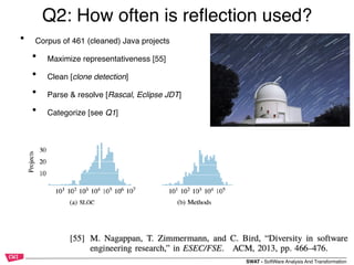 SWAT - SoftWare Analysis And Transformation
Q2: How often is reﬂection used?
• Corpus of 461 (cleaned) Java projects
• Maximize representativeness [55]
• Clean [clone detection]
• Parse & resolve [Rascal, Eclipse JDT]
• Categorize [see Q1]
 