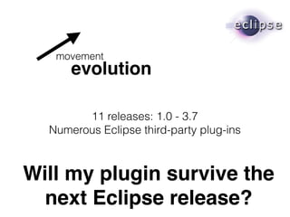 11 releases: 1.0 - 3.7
Numerous Eclipse third-party plug-ins
Will my plugin survive the
next Eclipse release?
movement
evolution
 