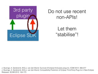 Eclipse SDK
3rd party
plugin
J. Businge, A. Serebrenik, M.G.J. van den Brand: Survival of Eclipse third-party plug-ins. ICSM 2012: 368-377
J. Businge, A. Serebrenik, M.G.J. van den Brand: Compatibility Prediction of Eclipse Third-Party Plug-ins in New Eclipse
Releases. SCAM 2012: 164-173
Do not use recent
non-APIs!
Let them
“stabilise”!
 