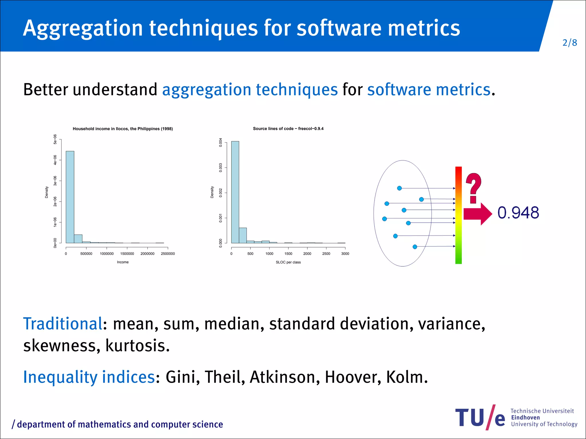 Aggregation techniques for software metrics                                                                                                                 2/8




     Better understand aggregation techniques for software metrics.
                                Household income in Ilocos, the Philippines (1998)                            Source lines of code − freecol−0.9.4
                    5e−06




                                                                                                0.004
                    4e−06




                                                                                                0.003
                    3e−06




                                                                                      Density
          Density




                                                                                                0.002
                    2e−06




                                                                                                0.001
                    1e−06
                    0e+00




                                                                                                0.000




                            0      500000    1000000    1500000   2000000   2500000                     0   500     1000       1500         2000   2500   3000

                                                       Income                                                              SLOC per class




     Traditional: mean, sum, median, standard deviation, variance,
     skewness, kurtosis.
     Inequality indices: Gini, Theil, Atkinson, Hoover, Kolm.

/   department of mathematics and computer science
 