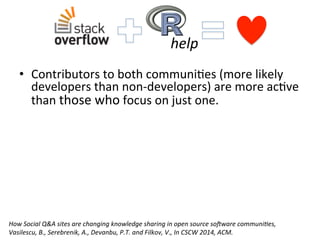 •  Contributors	
  to	
  both	
  communi[es	
  (more	
  likely	
  
developers	
  than	
  non-­‐developers)	
  are	
  more	
  ac[ve	
  
than	
  those	
  who	
  focus	
  on	
  just	
  one.	
  
How	
  Social	
  Q&A	
  sites	
  are	
  changing	
  knowledge	
  sharing	
  in	
  open	
  source	
  soPware	
  communi8es,	
  	
  
Vasilescu,	
  B.,	
  Serebrenik,	
  A.,	
  Devanbu,	
  P.T.	
  and	
  Filkov,	
  V.,	
  In	
  CSCW	
  2014,	
  ACM.	
  	
  
help	
  
 