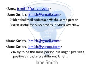 <Jane,	
  jsmith@gmail.com>	
  	
  
<Jane	
  Smith,	
  jsmith@gmail.com>	
  	
  
Ø iden[cal	
  mail	
  addresses	
  è	
  the	
  same	
  person	
  
Ø also	
  useful	
  for	
  MD5	
  hashes	
  in	
  Stack	
  Overﬂow	
  	
  
<Jane	
  Smith,	
  jsmith@gmail.com>	
  
<Jane	
  Smith,	
  jsmith@yahoo.com>	
  
Ø likely	
  to	
  be	
  the	
  same	
  person	
  but	
  might	
  give	
  false	
  
posi[ves	
  if	
  these	
  are	
  diﬀerent	
  Janes…	
  
 