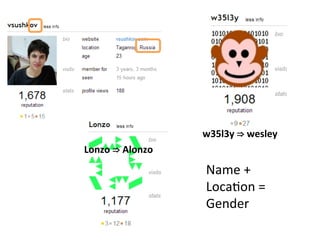Lonzo	
  ⇒	
  Alonzo	
  	
  
w35l3y	
  ⇒	
  wesley	
  	
  
Name	
  +	
  
Loca[on	
  =	
  
Gender	
  
 