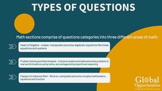 TYPES OF QUESTIONS
ProblemSolvingandData Analysis - interpret graphsand tableand solve problemsin
real worldsituationsusingratios,percentages andproportionalreasoning
Heart of Algebra - create, manipulate and solve algebraic equations like linear
equations and systems
Math sections comprise of questions categories into three different areas of math:
Passport to Advance Math- Workon, manipulate and solve complex mathematics
equationsand function
 