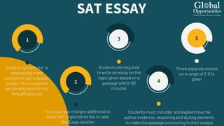 Essay is optional but is
required by most
colleges to get a deeper
insight into a student’s
personality and his/her
thought process
Three separate scores
on a range of 2-8 is
given
Students are required
to write an essay on the
topic given based on a
passage within 50
minutes
1 53
SAT ESSAY
You must pay charges additional to
basic SAT registration fee to take
the Essay section
Students must consider and explain how the
author evidence, reasoning and styling elements
to make the passage convincing in their essays
2 4
 