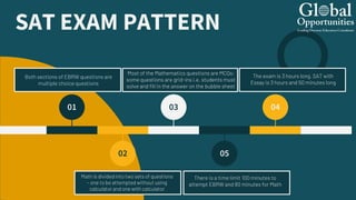 SAT EXAM PATTERN
Both sections of EBRW questions are
multiple choice questions
The exam is 3 hours long. SAT with
Essay is 3 hours and 50 minutes long
Most of the Mathematics questions are MCQs;
some questions are grid-ins i.e. students must
solve and fill in the answer on the bubble sheet
There is a time limit 100 minutes to
attempt EBRW and 80 minutes for Math
Math is divided into two sets of questions
– one to be attempted without using
calculator and one with calculator
01 03 04
02 05
 