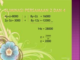 4y+z=8000 8y+2z = 16000
2y-3z=-3000 8y-12z =-12000 _
14z = 28000
z =
z = 2000
2
4
14
28000
 