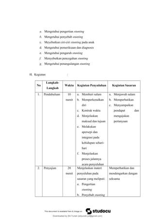 a. Mengetahui pengertian stunting
b. Mengetahui penyebab stunting
c. Meyebutkan ciri-ciri stunting pada anak
d. Mengetahui pemeriksaan dan diagnosis
e. Mengetahui pengaruh stunting
f. Menyebutkan pencegahan stunting
g. Mengetahui penangulangan stunting
H. Kegiatan :
No
Langkah-
Langkah
Waktu Kegiatan Penyuluhan Kegiatan Sasaran
1. Pendahuluan 10
menit
a. Memberi salam
b. Memperkenalkan
diri
c. Kontrak waktu
d. Menjelaskan
maksud dan tujuan
e. Melakukan
apersepi dan
integrasi pada
kehidupan sehari-
hari
f. Menjelaskan
proses jalannya
acara penyuluhan
a. Menjawab salam
b. Memperhatikan
c. Menyampaikan
pendapat dan
mengajukan
pertanyaan
2. Penyajian 20
menit
Menjelaskan materi
penyuluhan pada
sasaran yang meliputi:
a. Pengertian
stunting
b. Penyebab stunting
Memperhatikan dan
mendengarkan dengan
seksama
Downloaded by Siti Yuriah (sitiyuriah.juli@gmail.com)
lOMoARcPSD|33783933
 