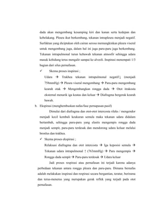 dada akan mengembang kesamping kiri dan kanan serta kedepan dan
kebelakang. Pleura ikut berkembang, tekanan intrapleura menjadi negatif.
Surfaktan yang diciptakan oleh cairan serosa memungkinkan pleura viseral
untuk mengembang juga, dalam hal ini juga paru-paru juga berkembang.
Tekanan intrapulmonal turun kebawah tekanan atmosfir sehingga udara
masuk kehidung terus mengalir sampai ke alveoli. Inspirasi menempati 1/3
bagian dari silus pernafasan.


Skema proses inspirasi ;
Udara

 Trakhea

tekanan

intrapulmonal

negatif/↓

(menjadi

758mmHg)  Pleura viseral mengembang  Paru-paru mengembang
kearah otak  Mengembangkan rongga dada  Otot itrakosta
eksternal menarik iga keatas dan keluar  Diafragma bergerak kearah
bawah.
b. Ekspirasi (menghembuskan nafas/fase pernapasan pasif)
Dimulai dari diafragma dan otot-otot intercosta rileks / mengendor
menjadi kecil kembali keukuran semula maka tekanan udara didalam
bertambah, sehingga paru-paru yang elastis mengempis rongga dada
menjadi sempit, paru-paru terdesak dan mendorong udara keluar melalui
bronlus dan trakhea.
 Skema proses ekspirasi ;
Relaksasi diafragma dan otot intercosta  Iga keposisi semula 
Tekanan udara intrapulmonal ↑ (763mmHg)  Paru mengempis 
Rongga dada sempit  Paru-paru terdesak  Udara keluar
Jadi proses respirasi atau pernafasan ini terjadi karena adanya
perbedaan tekanan antara rongga pleura dan paru-paru. Dimana bernafas
adalah melakukan inspirasi dan respirasi secara bergantian, teratur, berirama
dan terus-menerus yang merupakan gerak reflek yang terjadi pada otot
pernafasan.

 