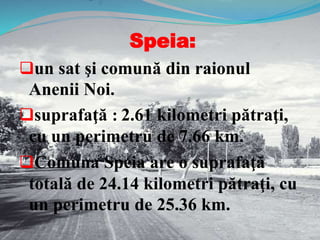 Speia:
un sat şi comună din raionul
Anenii Noi.
suprafaţă : 2.61 kilometri pătraţi,
cu un perimetru de 7.66 km.
Comuna Speia are o suprafaţă
totală de 24.14 kilometri pătraţi, cu
un perimetru de 25.36 km.
 