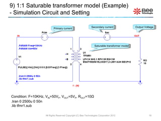 Condition: F=10KHz, V IN =50V P , V OUT =5V P , R OUT =10 Ω .tran 0 2500u 0 50n .lib tfmr1.sub 9) 1:1 Saturable transformer model (Example) - Simulation Circuit and Setting All Rights Reserved Copyright (C) Bee Technologies Corporation 2012 Saturable transformer model Primary current Output Voltage 1 : {N} Secondary current 