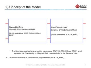 2) Concept of the Model The Saturable core is characterized by parameters: BSAT, RLOSS, LM and BEXP, which represent the Flux density vs. Magnetic field characteristics of the Saturable core.  The Ideal transformer is characterized by parameters: N, R P , R S  and L P  . Saturable Core Simplified SPICE Behavioral Model [Model parameters: BSAT, RLOSS, LM and BEXP] Ideal Transformer Simplified SPICE Behavioral Model [Model parameters: N, R P , R S  and L P ] All Rights Reserved Copyright (C) Bee Technologies Corporation 2012 