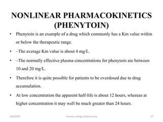 NONLINEAR PHARMACOKINETICS
(PHENYTOIN)
• Phenytoin is an example of a drug which commonly has a Km value within
or below the therapeutic range.
• –The average Km value is about 4 mg/L.
• –The normally effective plasma concentrations for phenytoin are between
10 and 20 mg/L.
• Therefore it is quite possible for patients to be overdosed due to drug
accumulation.
• At low concentration the apparent half-life is about 12 hours, whereas at
higher concentration it may well be much greater than 24 hours.
4/6/2019 srinivas college of pharmacy 27
 