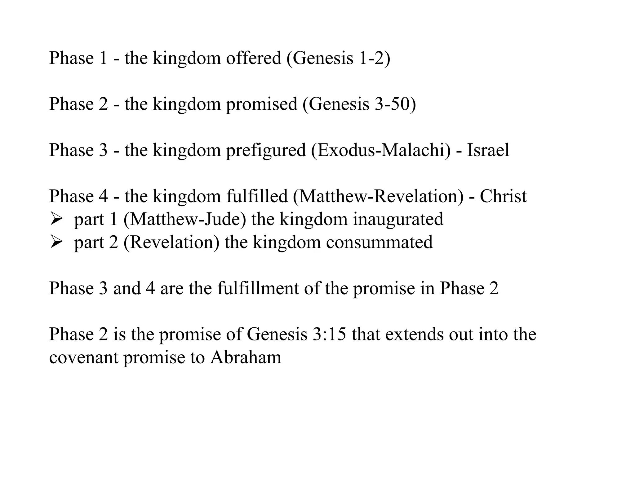 Phase 1 - the kingdom offered (Genesis 1-2)

Phase 2 - the kingdom promised (Genesis 3-50)

Phase 3 - the kingdom prefigured (Exodus-Malachi) - Israel

Phase 4 - the kingdom fulfilled (Matthew-Revelation) - Christ
 part 1 (Matthew-Jude) the kingdom inaugurated
 part 2 (Revelation) the kingdom consummated

Phase 3 and 4 are the fulfillment of the promise in Phase 2

Phase 2 is the promise of Genesis 3:15 that extends out into the
covenant promise to Abraham
 