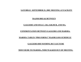 SATURDAY SEPTEMBER 21, 2002 MEETING AT FACILITY
MAJOR BREAK BETWEEN
GAGGERO AND SFLLC, GR, JAR,MCR, AND MA.
CONFRONTATION BETWEEN GAGGERO AND MARSHA.
MARSHA TABLES “PRO FORMA” MAJOR LOSS SCHEDULE
GAGGERO DID NOTHING BUT LECTURE
MOST RUDE TO MARSHA, WHO WALKED OUT OF MEETING.
 