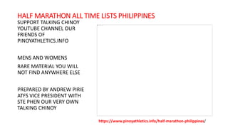 HALF MARATHON ALL TIME LISTS PHILIPPINES
SUPPORT TALKING CHINOY
YOUTUBE CHANNEL OUR
FRIENDS OF
PINOYATHLETICS.INFO
MENS AND WOMENS
RARE MATERIAL YOU WILL
NOT FIND ANYWHERE ELSE
PREPARED BY ANDREW PIRIE
ATFS VICE PRESIDENT WITH
STE PHEN OUR VERY OWN
TALKING CHINOY
https://www.pinoyathletics.info/half-marathon-philippines/
 