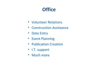 Office

•   Volunteer Relations
•   Construction Assistance
•   Data Entry
•   Event Planning
•   Publication Creation
•   I.T. support
•   Much more
 