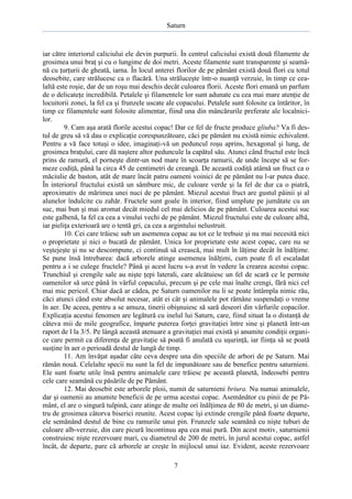 Saturn

iar către interiorul caliciului ele devin purpurii. În centrul caliciului există două filamente de
grosimea unui braţ şi cu o lungime de doi metri. Aceste filamente sunt transparente şi seamănă cu ţurţurii de gheată, iarna. În locul anterei florilor de pe pământ există două flori cu totul
deosebite, care strălucesc ca o flacără. Una străluceşte într-o nuanţă verzuie, în timp ce cealaltă este roşie, dar de un roşu mai deschis decât culoarea florii. Aceste flori emană un parfum
de o delicateţe incredibilă. Petalele şi filamentele lor sunt adunate cu cea mai mare atenţie de
locuitorii zonei, la fel ca şi frunzele uscate ale copacului. Petalele sunt folosite ca întăritor, în
timp ce filamentele sunt folosite alimentar, fiind una din mâncărurile preferate ale localnicilor.
9. Cam aşa arată florile acestui copac! Dar ce fel de fructe produce gliuba? Va fi destul de greu să vă dau o explicaţie corespunzătoare, căci pe pământ nu există nimic echivalent.
Pentru a vă face totuşi o idee, imaginaţi-vă un peduncul roşu aprins, hexagonal şi lung, de
grosimea braţului, care dă naştere altor peduncule la capătul său. Atunci când fructul este încă
prins de ramură, el porneşte dintr-un nod mare în scoarţa ramurii, de unde începe să se formeze codiţă, până la circa 45 de centimetri de creangă. De această codiţă atârnă un fruct ca o
măciulie de baston, atât de mare încât patru oameni voinici de pe pământ nu l-ar putea duce.
În interiorul fructului există un sâmbure mic, de culoare verde şi la fel de dur ca o piatră,
aproximativ de mărimea unei nuci de pe pământ. Miezul acestui fruct are gustul pâinii şi al
alunelor îndulcite cu zahăr. Fructele sunt goale în interior, fiind umplute pe jumătate cu un
suc, mai bun şi mai aromat decât miedul cel mai delicios de pe pământ. Culoarea acestui suc
este galbenă, la fel ca cea a vinului vechi de pe pământ. Miezul fructului este de culoare albă,
iar pieliţa exterioară are o tentă gri, ca cea a argintului nelustruit.
10. Cei care trăiesc sub un asemenea copac au tot ce le trebuie şi nu mai necesită nici
o proprietate şi nici o bucată de pământ. Unica lor proprietate este acest copac, care nu se
veştejeşte şi nu se descompune, ci continuă să crească, mai mult în lăţime decât în înălţime.
Se pune însă întrebarea: dacă arborele atinge asemenea înălţimi, cum poate fi el escaladat
pentru a i se culege fructele? Până şi acest lucru s-a avut în vedere la crearea acestui copac.
Trunchiul şi crengile sale au nişte ţepi laterali, care alcătuiesc un fel de scară ce le permite
oamenilor să urce până în vârful copacului, precum şi pe cele mai înalte crengi, fără nici cel
mai mic pericol. Chiar dacă ar cădea, pe Saturn oamenilor nu li se poate întâmpla nimic rău,
căci atunci când este absolut necesar, atât ei cât şi animalele pot rămâne suspendaţi o vreme
în aer. De aceea, pentru a se amuza, tinerii obişnuiesc să sară deseori din vârfurile copacilor.
Explicaţia acestui fenomen are legătură cu inelul lui Saturn, care, fiind situat la o distanţă de
câteva mii de mile geografice, împarte puterea forţei gravitaţiei între sine şi planetă într-un
raport de l la 3/5. Pe lângă această atenuare a gravitaţiei mai există şi anumite condiţii organice care permit ca diferenţa de gravitaţie să poată fi anulată cu uşurinţă, iar fiinţa să se poată
susţine în aer o perioadă destul de lungă de timp.
11. Am învăţat aşadar câte ceva despre una din speciile de arbori de pe Saturn. Mai
rămân nouă. Celelalte specii nu sunt la fel de impunătoare sau de benefice pentru saturnieni.
Ele sunt foarte utile însă pentru animalele care trăiesc pe această planetă, îndeosebi pentru
cele care seamănă cu păsările de pe Pământ.
12. Mai deosebit este arborele ploii, numit de saturnieni briura. Nu numai animalele,
dar şi oamenii au anumite beneficii de pe urma acestui copac. Asemănător cu pinii de pe Pământ, el are o singură tulpină, care atinge de multe ori înălţimea de 80 de metri, şi un diametru de grosimea câtorva biserici reunite. Acest copac îşi extinde crengile până foarte departe,
ele semănând destul de bine cu ramurile unui pin. Frunzele sale seamănă cu nişte tuburi de
culoare alb-verzuie, din care picură încontinuu apa cea mai pură. Din acest motiv, saturnienii
construiesc nişte rezervoare mari, cu diametrul de 200 de metri, în jurul acestui copac, astfel
încât, de departe, pare că arborele ar creşte în mijlocul unui iaz. Evident, aceste rezervoare
7

 