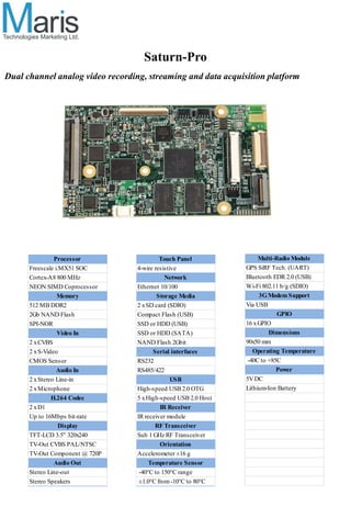 Saturn-Pro
Dual channel analog video recording, streaming and data acquisition platform




                Processor                  Touch Panel               Multi-Radio Module
      Freescale i.MX51 SOC        4-wire resistive              GPS SiRF Tech. (UART)
      Cortex-A8 800 MHz                      Network            Bluetooth EDR 2.0 (USB)
      NEON SIMD Coprocessor       Ethernet 10/100               Wi-Fi 802.11 b/g (SDIO)
                 Memory                   Storage Media              3G Modem Support
      512 MB DDR2                 2 x SD card (SDIO)            Via USB
      2Gb NAND Flash              Compact Flash (USB)                       GPIO
      SPI-NOR                     SSD or HDD (USB)              16 x GPIO
                 Video In         SSD or HDD (SATA)                      Dimensions
      2 x CVBS                    NAND Flash 2Gbit              90x50 mm
      2 x S-Video                       Serial interfaces          Operating Temperature
      CMOS Sensor                 RS232                          -40C to +85C
                 Audio In         RS485/422                                 Power
      2 x Stereo Line-in                        USB             5V DC
      2 x Microphone              High-speed USB 2.0 OTG        Lithium-Ion Battery
               H.264 Codec        5 x High-speed USB 2.0 Host
      2 x D1                               IR Receiver
      Up to 16Mbps bit-rate       IR receiver module
                  Display                RF Transceiver
      TFT-LCD 3.5" 320x240        Sub 1 GHz RF Transceiver
      TV-Out CVBS PAL/NTSC                 Orientation
      TV-Out Component @ 720P     Accelerometer ±16 g
                Audio Out              Temperature Sensor
      Stereo Line-out              -40°C to 150°C range
      Stereo Speakers              ±1.0°C from -10°C to 80°C
 