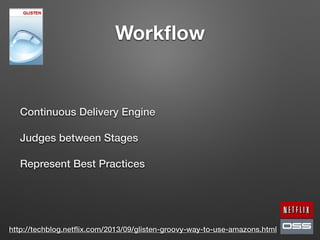 Workﬂow
Continuous Delivery Engine
Judges between Stages
Represent Best Practices
http://techblog.netﬂix.com/2013/09/glisten-groovy-way-to-use-amazons.html
 
