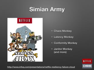 Simian Army
• Chaos Monkey
• Latency Monkey
• Conformity Monkey
• Janitor Monkey  
(and more)
http://www.infoq.com/presentations/netﬂix-resiliency-failure-cloud
 