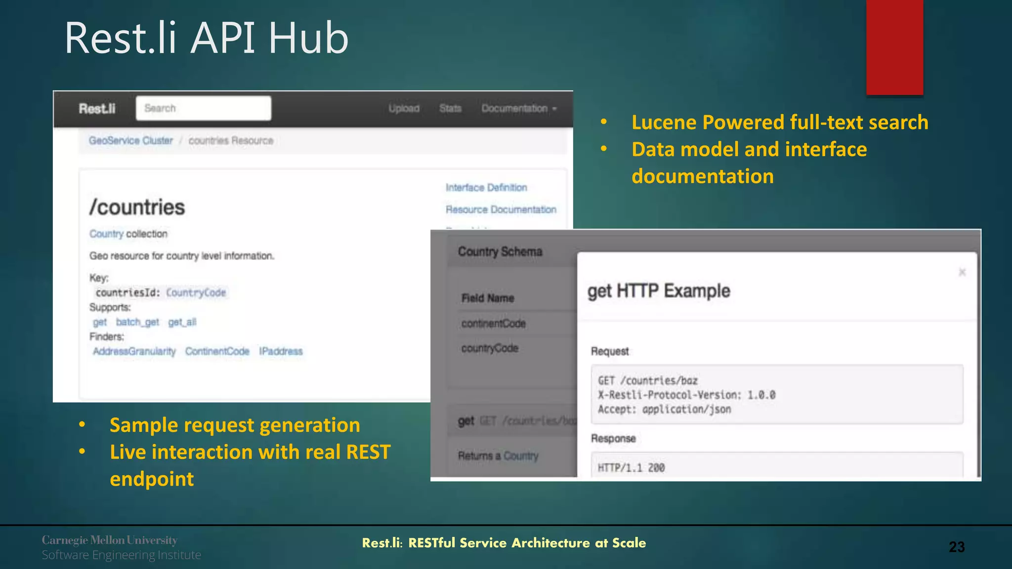 23Rest.li: RESTful Service Architecture at Scale
Rest.li API Hub
• Lucene Powered full-text search
• Data model and interface
documentation
• Sample request generation
• Live interaction with real REST
endpoint
 