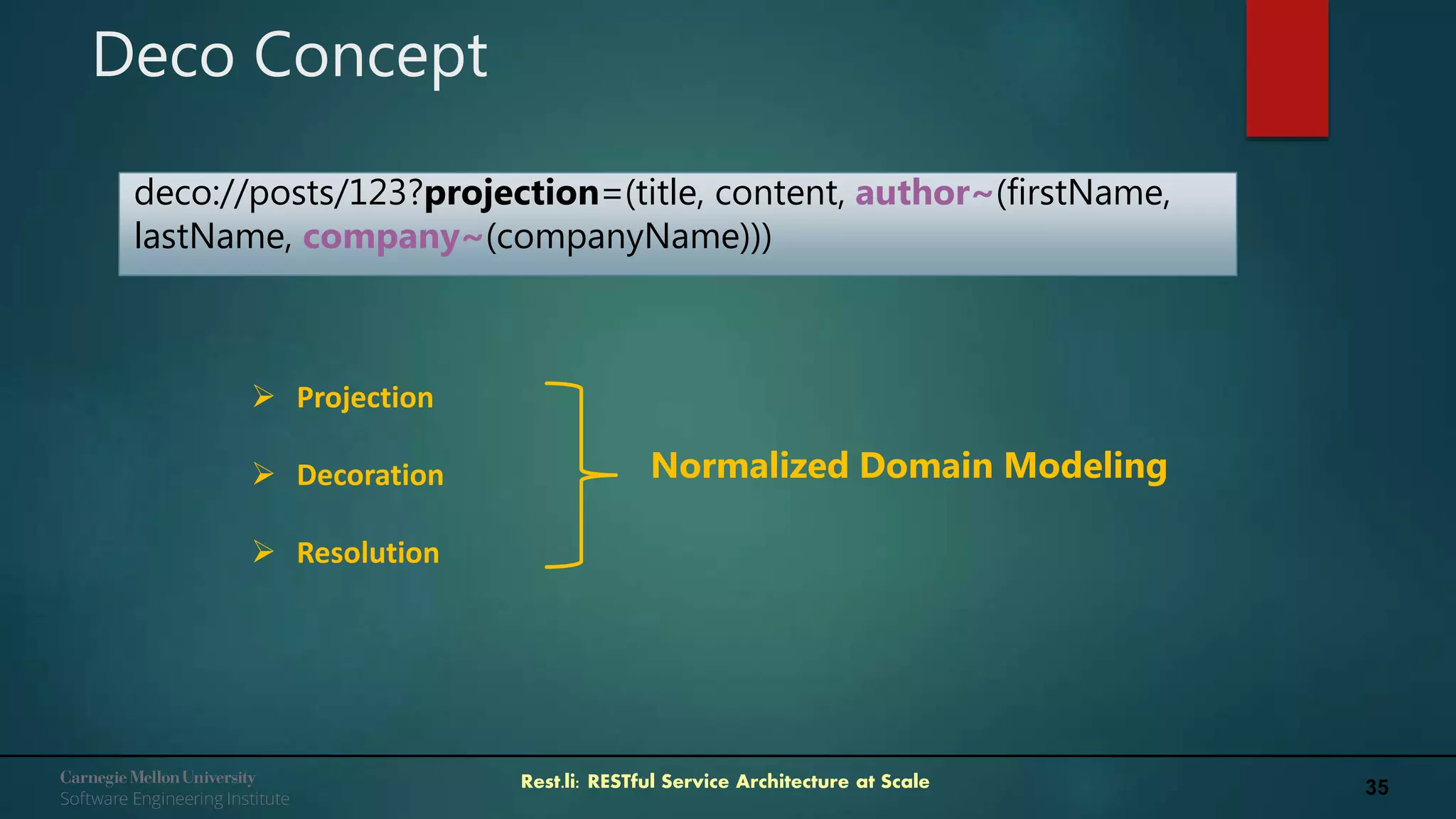 35Rest.li: RESTful Service Architecture at Scale
Deco Concept
deco://posts/123?projection=(title, content, author~(firstName,
lastName, company~(companyName)))
 Projection
 Decoration
 Resolution
Normalized Domain Modeling
 