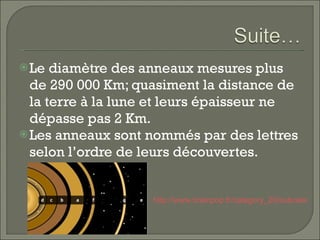 Le diamètre des anneaux mesures plus de 290 000 Km; quasiment la distance de la terre à la lune et leurs épaisseur ne dépasse pas 2 Km.  Les anneaux sont nommés par des lettres selon l’ordre de leurs découvertes.  http://www.brainpop.fr/category_20/subcategory_229/subjects_1737/   