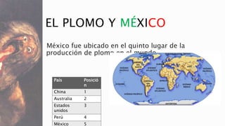 EL PLOMO Y MÉXICO 
México fue ubicado en el quinto lugar de la 
producción de plomo en el mundo. 
País Posició 
n 
China 1...